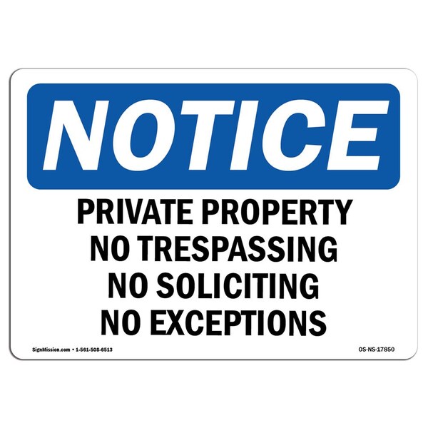 Signmission OSHA Sign, 12" H, 18" W, Aluminum, Private Property No Trespassing No Soliciting Sign, Landscape OS-NS-A-1218-L-17850 - main